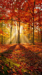 Fototapeta premium Golden Autumn Sunlight Filtering Through Forest Trees