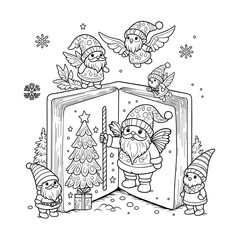 Cute Christmas village with Santa and snowman coloring page