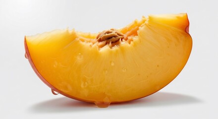 Juicy Peach Slice with Visible Pit and Drips on a White Background