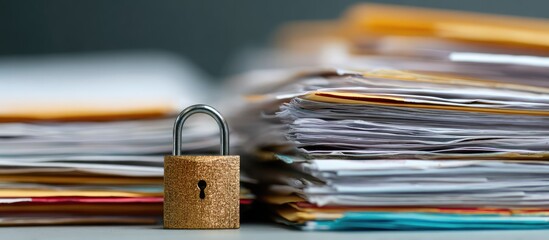 A wooden padlock sits in front of a stack of documents