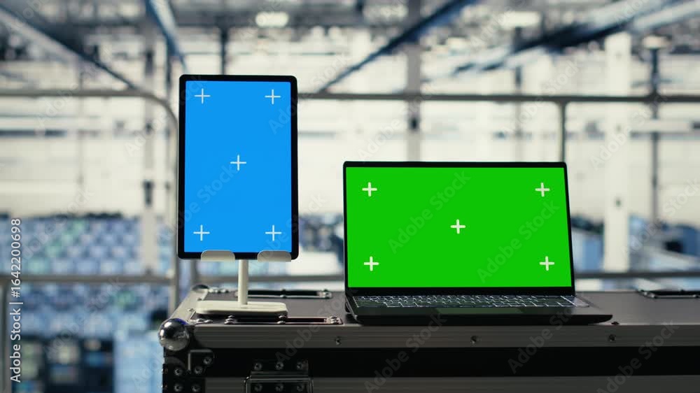 Poster green screen notebook and mockup tablet in industrial data center using artificial intelligence tech