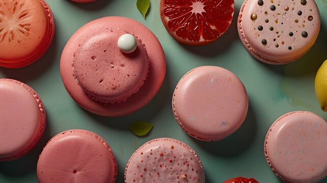 Vibrant Still Life Pink Macarons and Citrus Composition