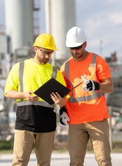 chemical industry plant - workers in work clothes in a refinery with pipes and machinery. Worker in...