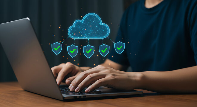 A person is typing on a laptop with a digital cloud and security shields floating above, representing cloud computing, data protection, and cybersecurity for online privacy - Powered by Adobe