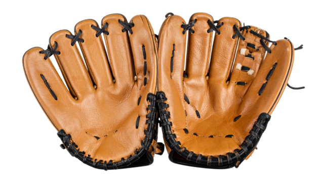 Baseball Gloves PNG, Detailed Leather Catcher Mitt with Stitching, Transparent Background, Outdoor Sports and Training Equipment