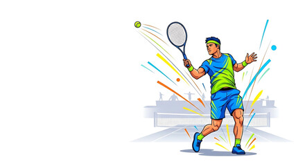 Dynamic tennis player in action with vibrant energy trails showcases athletic prowess and energetic court presence with bright sportswear for promotion material