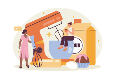 Two women with oversized baking tools including a mixer, whisk, flour bag, and cupcake on a light background. Concept of cooking and home baking. Vector illustration