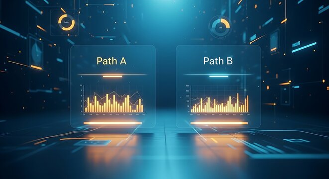 Data-driven decision making. An interface offers two options, with a small data chart below each, helping a hand to choose the best path.