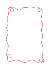 Red wavy rope forming a rectangular frame with loops at each corner, minimalistic graphic style, isolated on white background. Concept of decoration and border. Vector illustration