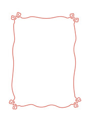 Decorative red ribbon border with four bows on each corner, hand-drawn style on a white background. Concept for greeting card or festive design. Vector illustration