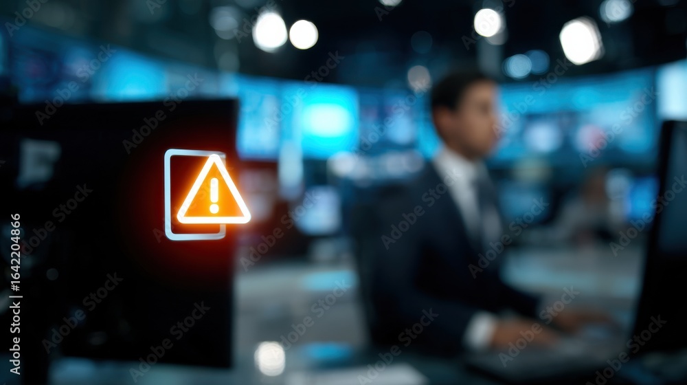 Poster medium shot capturing a glowing alert icon on a live chat dashboard as a sentient filter silences in