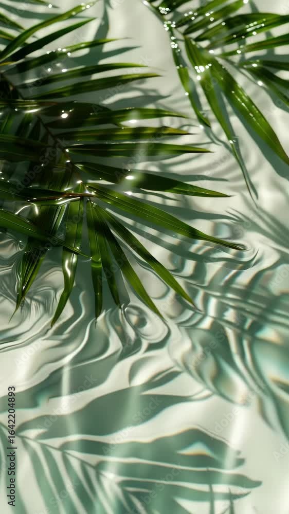 Poster a tranquil scene of palm tree reflection in the calm waters. a serene setting that invites relaxatio