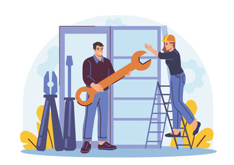 Two workers using oversized tools fixing a window frame, flat cartoon style, on a white background with abstract shapes and plants. Concept of cooperation. Vector illustration