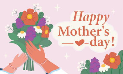 Colorful bouquet held by adult and child hands, flat graphic style on light pink background, concept of Mother's Day celebration. Vector illustration