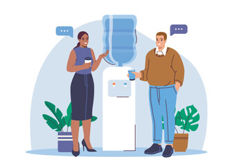 Two office coworkers talking and drinking near a water cooler, flat graphic style, indoor office background with plants, concept of casual workplace interaction. Vector illustration