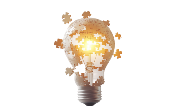 Floating puzzle pieces assembling a glowing golden sphere with intricate artistic detail isolated on transparent background PNG - Powered by Adobe