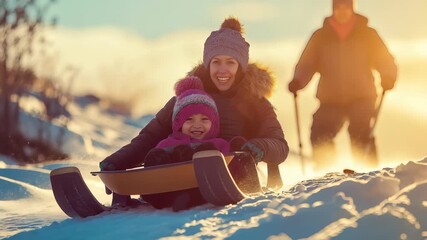 A heartwarming scene captures a mother and her young daughter joyfully sledding down a snowy hill. Pulled by a father figure, they enjoy a sunny winter day filled with laughter and outdoor fun.