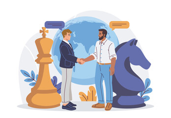 Two businessmen shaking hands in front of a globe, with large chess pieces symbolizing strategy and partnership, on a white background. Concept of global cooperation. Vector illustration