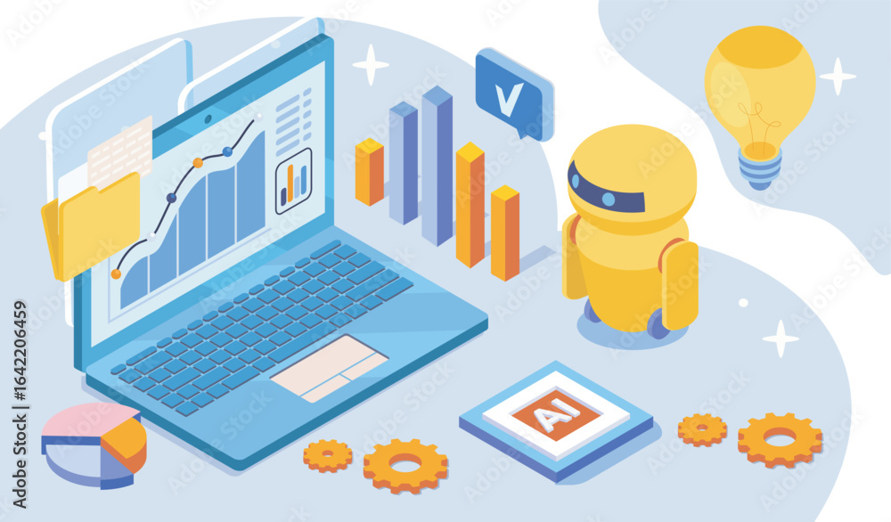 Poster yellow robot with ai book near laptop showing analytics graphs and charts, surrounded by gears and d