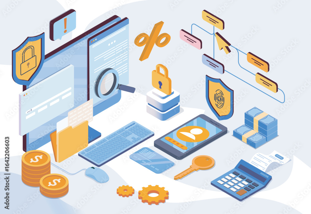 Poster digital security and financial technology tools shown in isometric style on a light background, repr