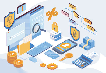 Digital security and financial technology tools shown in isometric style on a light background, representing online data protection and banking system. Vector illustration