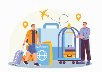A man arriving at a hotel with luggage, greeted by a bellhop, with passport, suitcases, airplane and location icons on a light background. Vector illustration