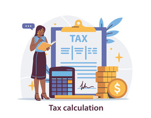 Female accountant with notebook standing beside large calculator, tax form clipboard, and stacked coins on abstract background. Concept of financial planning. Vector illustration