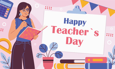Female teacher holding notebook with text Happy Teacher's Day on board, surrounded by school items and decorations, on pink background. Vector illustration