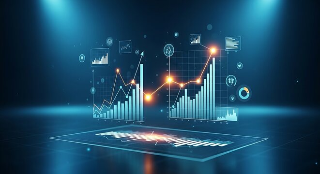 Data correlation concept. Two different line graphs are shown, and as one rises, so does the other, with a glowing line connecting them.