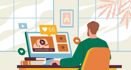 A man sitting at a desk watching online videos on a computer, with social media like and love icons around, in flat style on indoor background. Concept of social media. Vector illustration