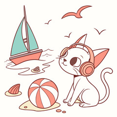 Content expression on a Sphynx cat in a Beach day theme, with wearing headphones &ndash; Ocean Breeze vector art