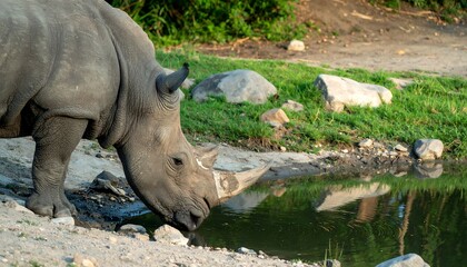 Rhino drinks from a pond