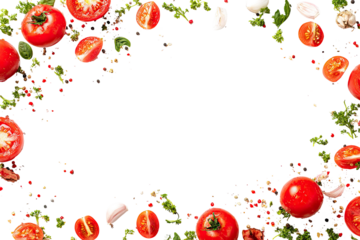 Fresh tomatoes, herbs, and spices arranged in a frame