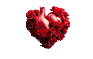 Floating realistic human heart made of blooming flowers with delicate petals and vibrant natural colors blending into a captivating artistic composition isolated on transparent background PNG