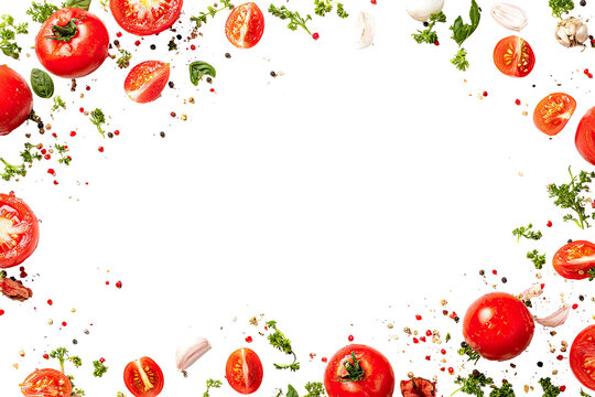Fresh tomatoes, herbs, and spices arranged in a frame