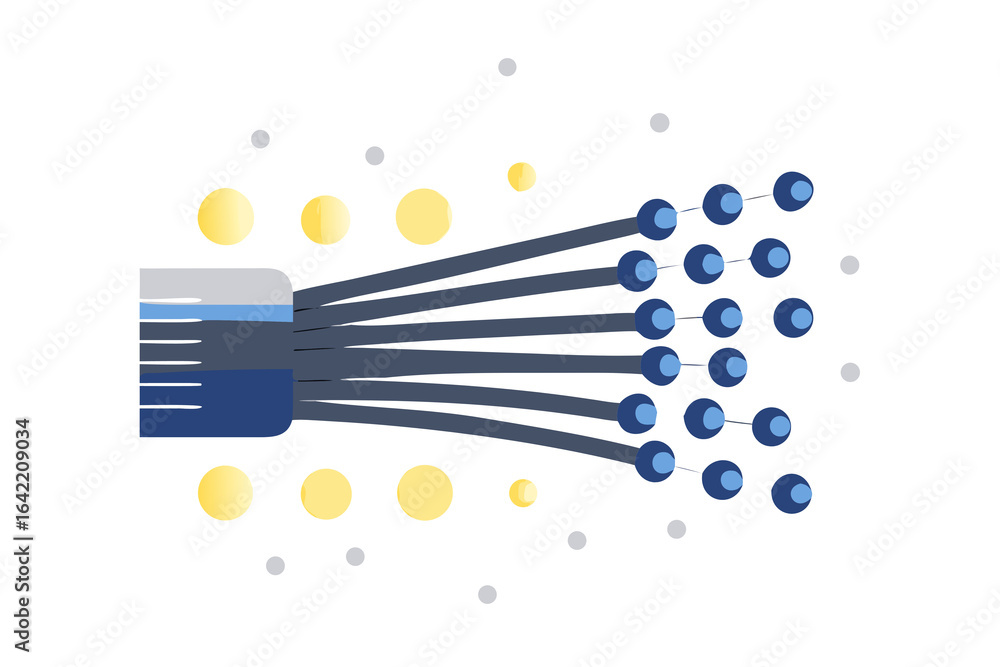 Poster abstract representation of data flow from a source to multiple destinations with glowing nodes