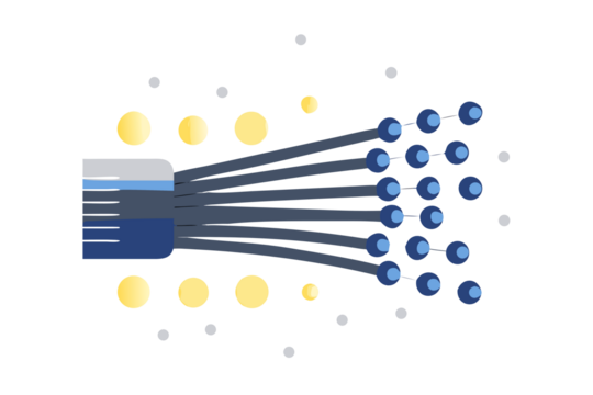 Abstract representation of data flow from a source to multiple destinations with glowing nodes