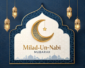 Eid Milad-un-Nabi Mubarak greeting Card &ndash; Islamic poster Celebration with Crescent Moon, Lanterns & Cityscape banner Milad-un-Nabi template