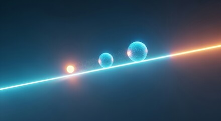 Building momentum concept. A small holographic snowball rolls and grows larger as it moves along a progress line, symbolizing increasing success.
