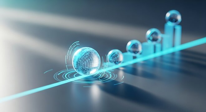 Building momentum concept. A small holographic snowball rolls and grows larger as it moves along a progress line, symbolizing increasing success.