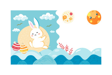 Cute black rabbit character sitting on a crescent moon with colorful lanterns and planets