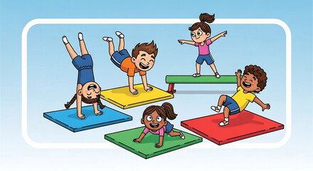 Cheerful children participating in an energetic gymnastics class, showcasing diverse movements and joyful expressions on vibrant mats and equipment, evoking a sense of fun and athleticism