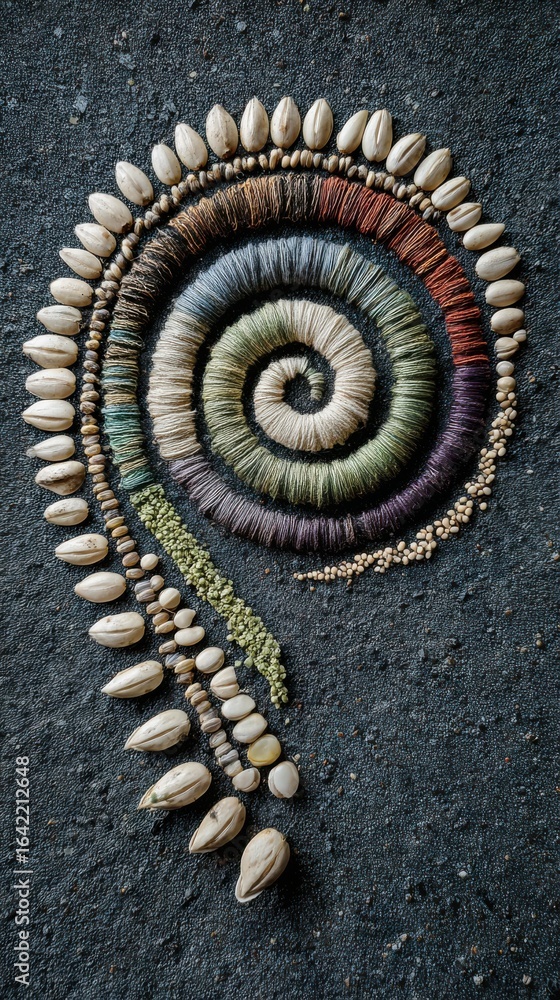 Poster colorful spiral pattern created with natural elements and textiles on dark background