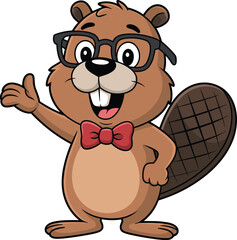 Cartoon beaver character with glasses, red bow tie, waving hand, smiling face, friendly animal mascot, upright pose, flat tail © Rifat Creatives