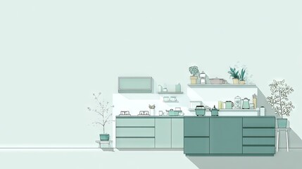 Light teal kitchen interior design illustration.