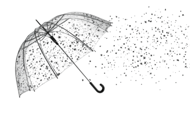 Surreal glasslike umbrella suspended in the sky gently holding drifting floral petals isolated on transparent background PNG