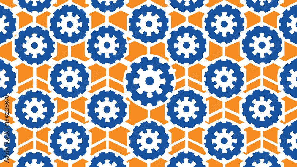 Poster abstract repeating pattern of blue gears intertwined with orange hexagonal shapes