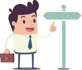 Cartoon businessperson character, white shirt and blue tie, holding briefcase, pointing at green signpost, directional arrows, guidance concept