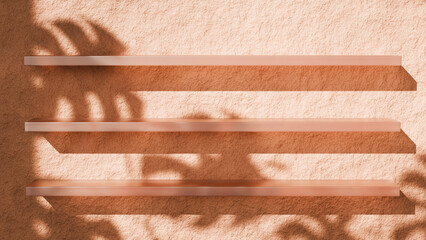Minimal Coral Terracotta Shelf Display with Tropical Shadows for Product Presentation