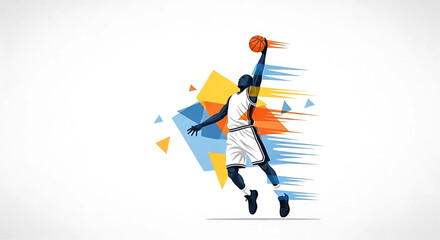 Dynamic basketball action illustration featuring a player mid-air, capturing the intensity and speed of the game with vibrant geometric shapes on a clean white backdrop, showcasing athletic prowess